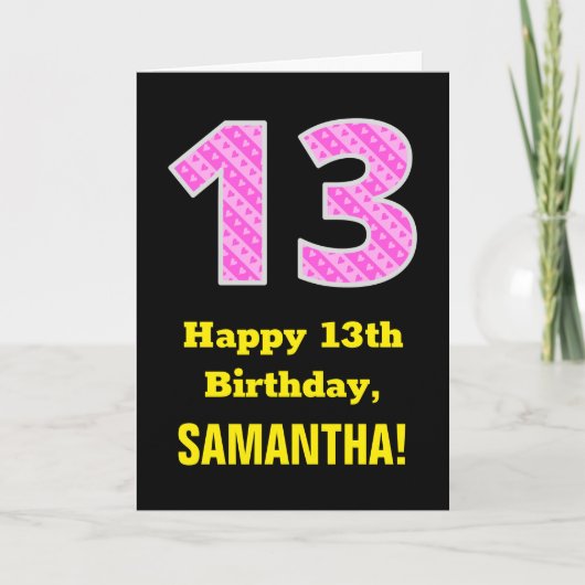13e verjaardag: Roze strepen en hart "13" + naam Kaart (Voorkant)