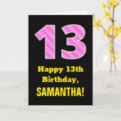 13e verjaardag: Roze strepen en hart "13" + naam Kaart (Gele Bloem)
