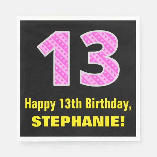 13e verjaardag: Roze strepen en hart "13" + naam Servet (Voorkant)