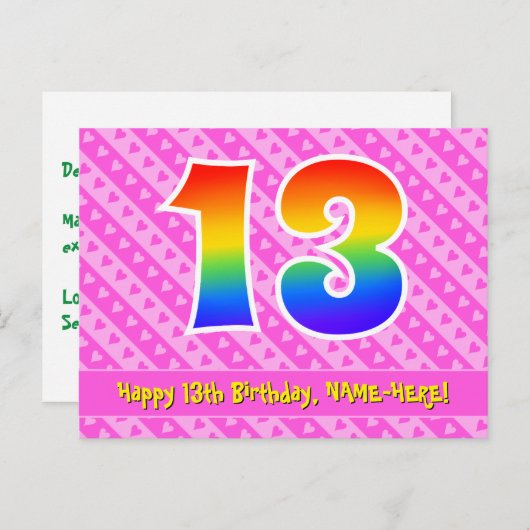 13e verjaardag: Roze strepen & harten, Regenboog 1 Briefkaart (Voorkant / Achterkant)