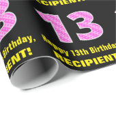 13e verjaardag: Roze strips en harten "13" + Naam Cadeaupapier (Rol Hoek)