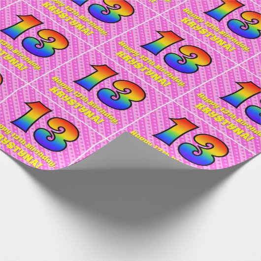 13e verjaardag: roze strips & harten, regenboognr. cadeaupapier (Hoek)
