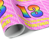 13e verjaardag: roze strips & harten, regenboognr. cadeaupapier (Rol Hoek)