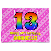 13e verjaardag: roze strips & harten, regenboognr. groot cadeauzakje (Voorkant)