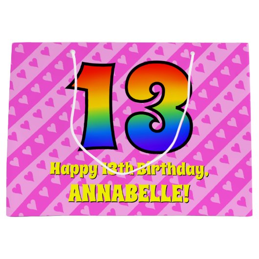 13e verjaardag: roze strips & harten, regenboognr. groot cadeauzakje (Voorkant)