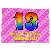 13e verjaardag: roze strips & harten, regenboognr. groot cadeauzakje (Achterkant)