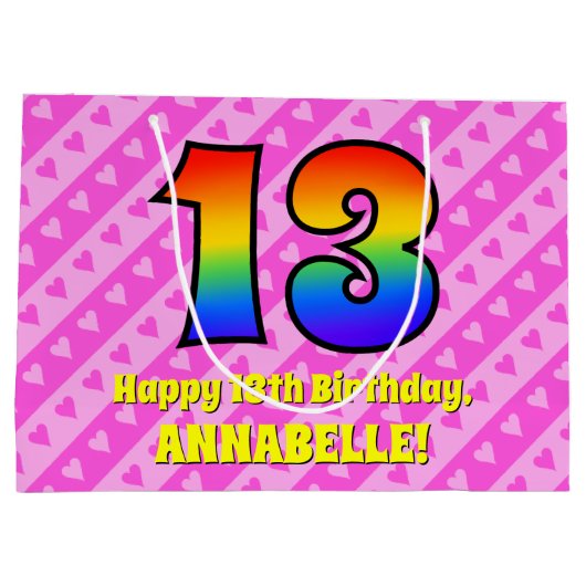 13e verjaardag: roze strips & harten, regenboognr. groot cadeauzakje (Achterkant)