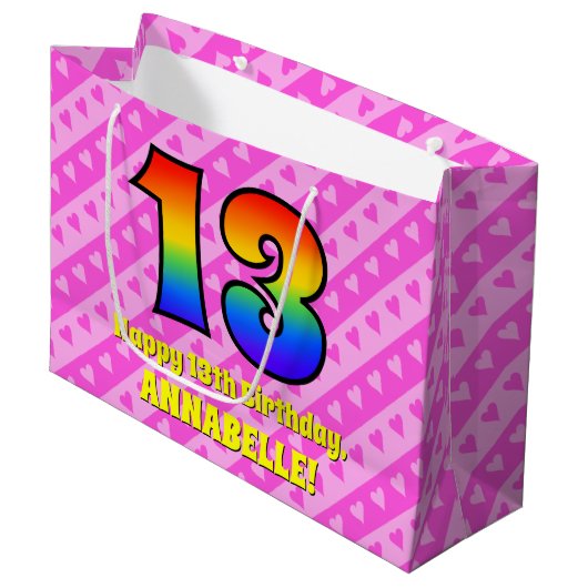 13e verjaardag: roze strips & harten, regenboognr. groot cadeauzakje (Voorkant Gekanteld)