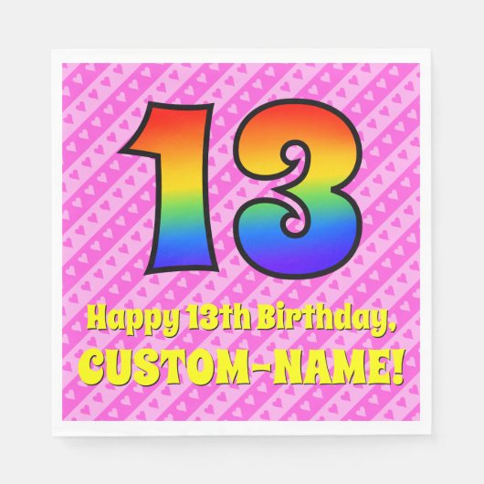 13e verjaardag: roze strips & harten, regenboognr. servet (Voorkant)