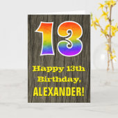 13e verjaardag: Rustieke Faux Wood Look, Regenboog Kaart (Gele Bloem)