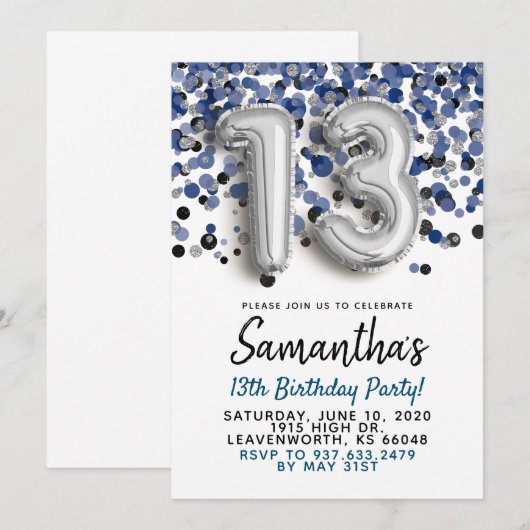 13e verjaardag Silver Confetti Invitation Kaart (Voorkant / Achterkant)
