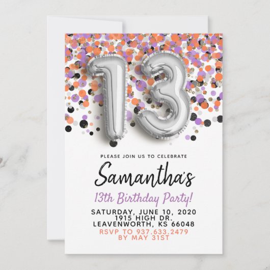 13e verjaardag Silver Confetti Invitation Kaart (Voorkant)