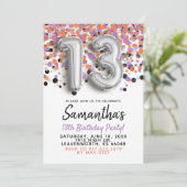 13e verjaardag Silver Confetti Invitation Kaart (Staand voorkant)
