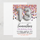 13e verjaardag Silver Confetti Invitation Kaart (Voorkant / Achterkant)