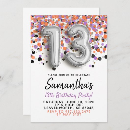 13e verjaardag Silver Confetti Invitation Kaart (Voorkant / Achterkant)