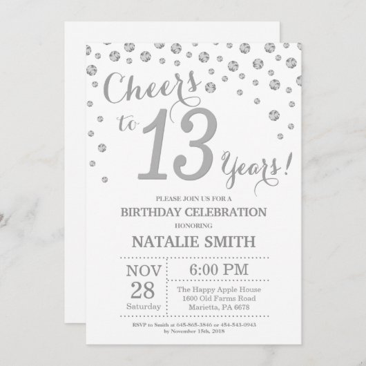 13e verjaardag Silver Glitter Diamond Uitnodiging (Voorkant / Achterkant)