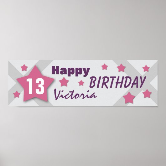 13e verjaardag Star Banner PINK PAARS SILVER V13B Poster (Voorkant)