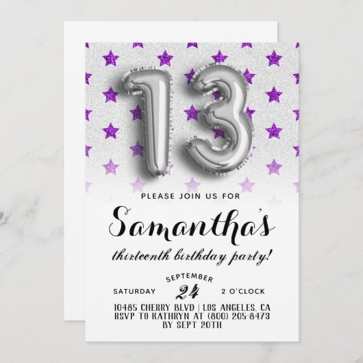 13e verjaardag Star Glitter Uitnodiging (Voorkant / Achterkant)