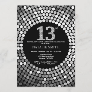 13e verjaardag Uitnodiging Black en Silver Glitter