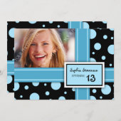 13e verjaardag Uitnodiging Blauwe Zwarte Stippen (Voorkant / Achterkant)