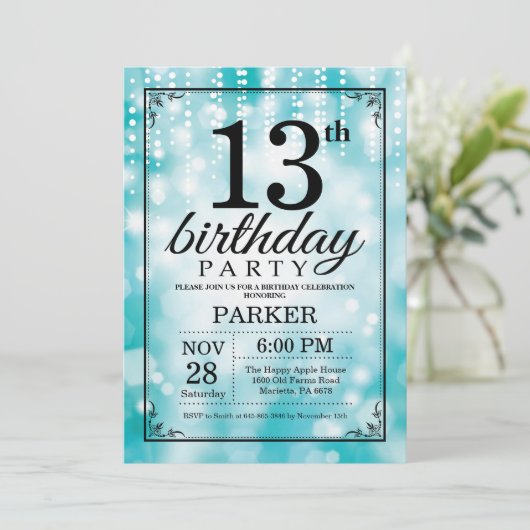 13e verjaardag Uitnodiging Blauwgroen Glitter (Staand voorkant)