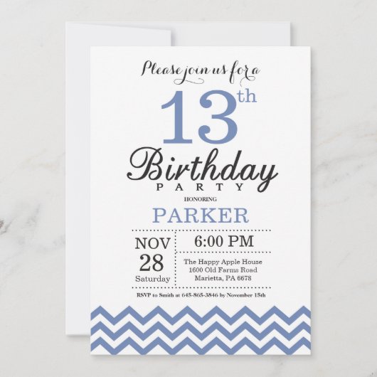 13e verjaardag uitnodiging Blue Chevron (Voorkant)