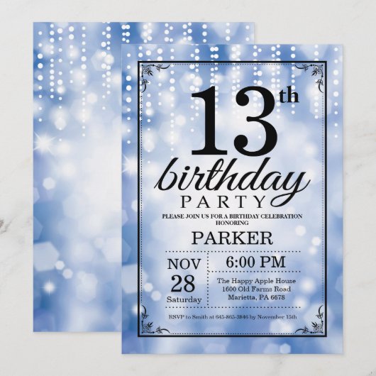 13e verjaardag uitnodiging Blue Glitter (Voorkant / Achterkant)