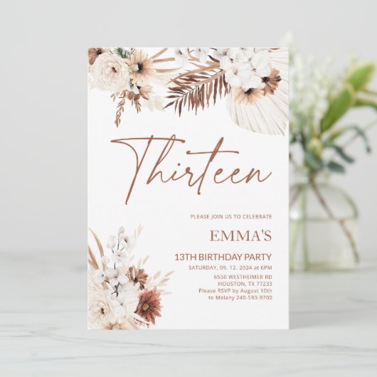13E verjaardag Uitnodiging Boho Pampas (Staand voorkant)