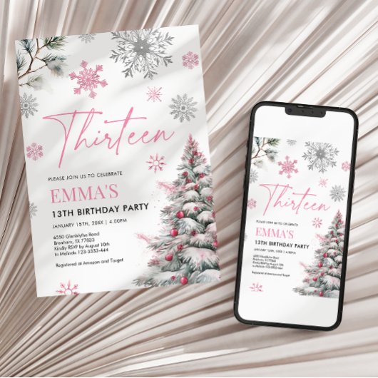 13e verjaardag uitnodiging, dertien verjaardag roz kaart