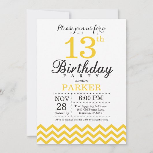 13e Verjaardag Uitnodiging Geel Chevron (Voorkant)