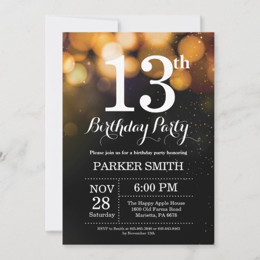 13e verjaardag uitnodiging Gold Glitter (Voorkant)