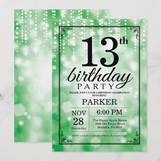 13e verjaardag uitnodiging Green Glitter (Voorkant / Achterkant)