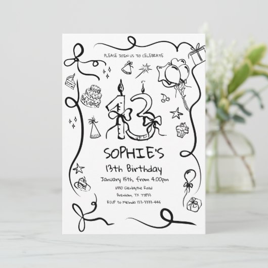 13e verjaardag uitnodiging, grillige 13e verjaarda kaart (Staand voorkant)