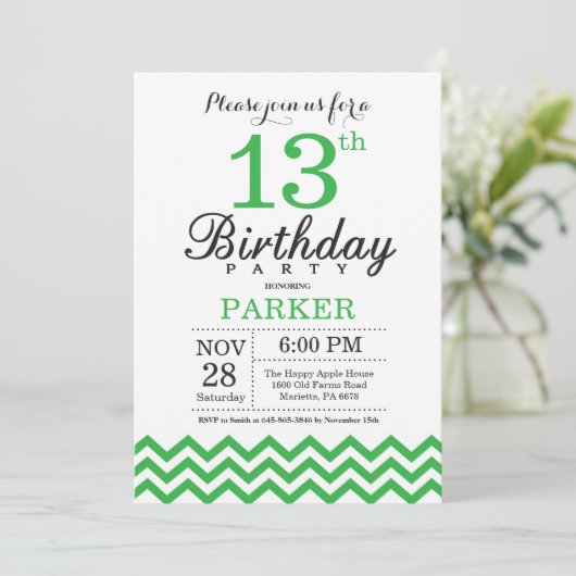 13e verjaardag Uitnodiging Groene Chevron (Staand voorkant)