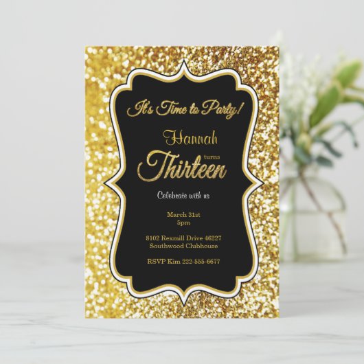 13e verjaardag uitnodiging in zwart en goud (Staand voorkant)