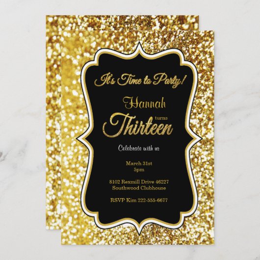 13e verjaardag uitnodiging in zwart en goud (Voorkant / Achterkant)