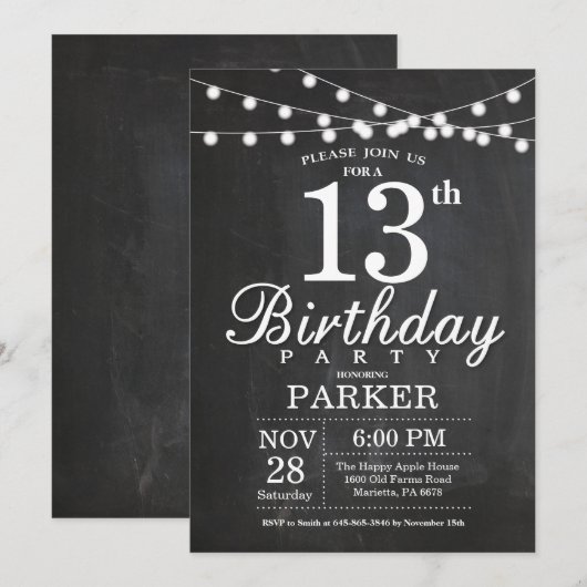 13e Verjaardag Uitnodiging Krijtbord String Lights (Voorkant / Achterkant)