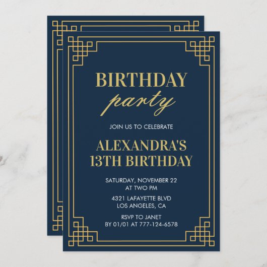 13e Verjaardag Uitnodiging Meisje Navy Gold (Voorkant / Achterkant)