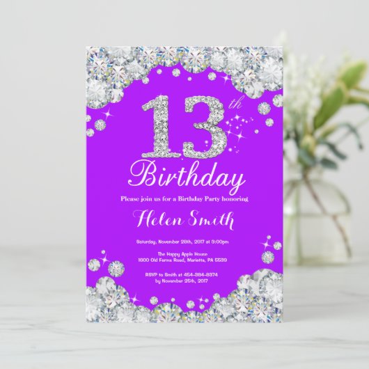 13e verjaardag Uitnodiging Paars en Silver Diamond (Staand voorkant)