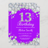 13e verjaardag Uitnodiging Paars en Silver Diamond (Voorkant / Achterkant)