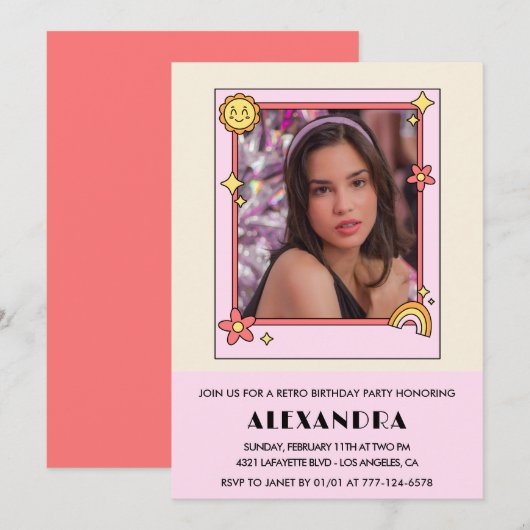 13e verjaardag uitnodiging Retro Groovy Pink Flora (Voorkant / Achterkant)