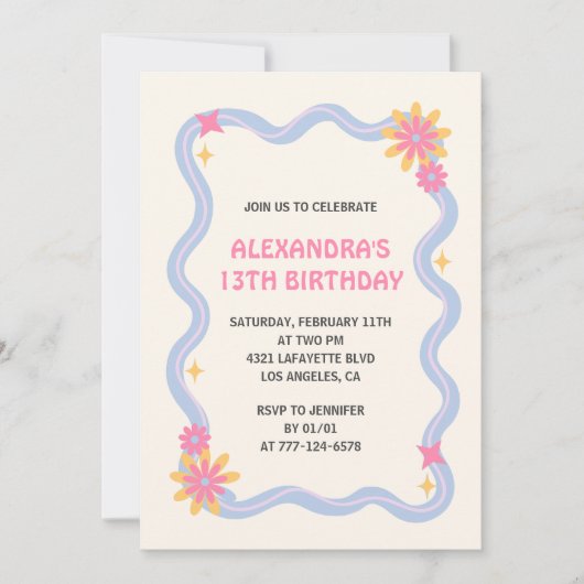 13e verjaardag uitnodiging Retro Groovy Pink Flowe (Voorkant)