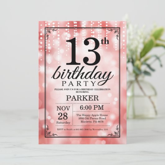 13e verjaardag Uitnodiging rood glitter (Staand voorkant)