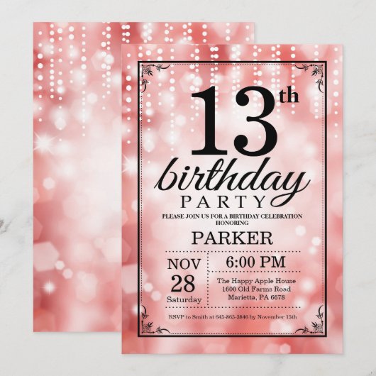 13e verjaardag Uitnodiging rood glitter (Voorkant / Achterkant)