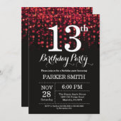 13e verjaardag Uitnodiging rood glitter (Voorkant / Achterkant)
