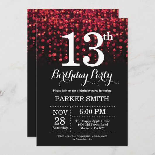 13e verjaardag Uitnodiging rood glitter (Voorkant / Achterkant)