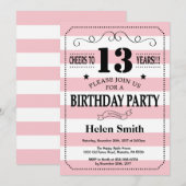 13e verjaardag uitnodiging roze en witte strepen (Voorkant / Achterkant)