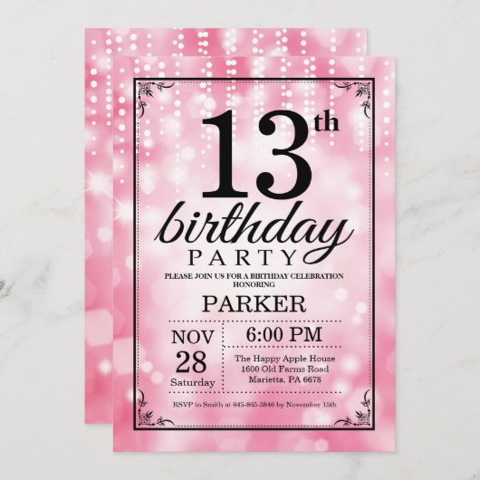 13e verjaardag uitnodiging roze glitter (Voorkant / Achterkant)