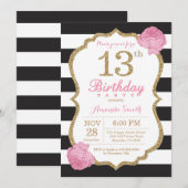 13e Verjaardag Uitnodiging Roze Zwart Goud Bloemen (Voorkant / Achterkant)