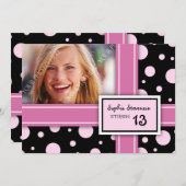 13e verjaardag Uitnodiging roze zwarte Stippen (Voorkant / Achterkant)